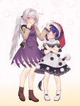  2girls :t absurdres animal_ears black_dress blue_hair boots brown_footwear capelet crossed_arms doremy_sweet dress english_commentary engrish_commentary feathered_wings full_body grey_hair hand_on_another&#039;s_head hat headpat highres kishin_sagume light_brown_jacket multicolored_clothes multicolored_dress multiple_girls nightcap pom_pom_(clothes) pout purple_dress purple_eyes red_headwear sakikagami single_wing standing tail tapir_ears tapir_tail touhou white_dress white_footwear white_wings wings 
