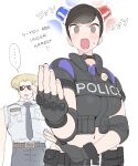  1boy 1girl capcom chun-li conto english_text fingernails gloves guile hair_ornament navel necktie police police_uniform policewoman short_hair sleeves_rolled_up street_fighter strobe_lights uniform 