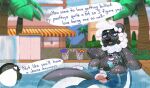  2022 absurd_res ball beach_ball beverage crownedvictory detailed_background dialogue domestic_ferret duo forced hi_res inflatable mammal mephitid mustela mustelid musteline palm_tree plant pool_(disambiguation) pool_toy size_difference skunk tagme transformation tree true_musteline vore 