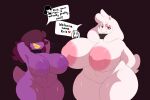  &lt;3 anthro areola atlashasbignuts bedroom_eyes belly big_breasts boss_monster bovid breasts brown_hair caprine choker deltarune dinosaur duo english_text exclamation_point female goat hair hair_over_eyes hands_behind_head hi_res horn huge_breasts jewelry looking_at_viewer mammal mature_anthro mature_female narrowed_eyes navel necklace nipples nude pink_nipples purple_body purple_nipples red_eyes reptile scalie seductive slightly_chubby smile speech_bubble susie_(deltarune) text thick_thighs toriel undertale undertale_(series) video_games white_body wide_hips 