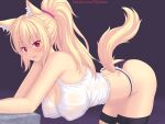  1girl :p animal_ear_fluff animal_ears ass bangs bare_arms bare_shoulders bent_over black_legwear black_panties blonde_hair blush breasts cat_ears cat_girl cat_tail cleavage commentary english_commentary fishnet_legwear fishnets hair_ornament hair_scrunchie highres large_breasts long_hair looking_at_viewer no_bra nottytiffy original panties patreon_username pink_scrunchie ponytail purple_background red_eyes scrunchie sidelocks simple_background sleeveless slit_pupils smile solo tail tank_top thighhighs thighs tiffy_(nottytiffy) tongue tongue_out underwear white_tank_top 