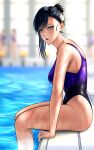  3girls black_hair breasts competition_swimsuit cowboy_shot hair_bun highleg highleg_swimsuit highres kawakubo_chinu large_breasts lips long_hair looking_at_viewer mole mole_under_eye multiple_girls one-piece_swimsuit pool poolside re-main reimei33 sitting solo_focus swimsuit 