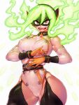  1girl belt black_mask boku_no_hero_academia breasts burnin_(boku_no_hero_academia) covered_navel covered_nipples domino_mask elbow_gloves eye_mask eyebrows_visible_through_mask fiery_hair fire fumio_(rsqkr) gloves green_eyes green_hair highres large_breasts leotard looking_at_viewer mask open_mouth shirt sleeveless sleeveless_shirt solo studded white_background 
