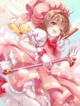  1girl ;d bow brown_hair card cardcaptor_sakura clamp_(circle)_(style) clow_card coconut_whip fuuin_no_tsue gloves green_eyes highres holding holding_card kero kinomoto_sakura magical_girl one_eye_closed open_mouth pink_headwear red_bow smile white_gloves 