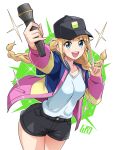 1girl :d \m/ bangs black_headwear black_shorts blonde_hair blue_eyes blue_jacket blunt_bangs bowieknife braid breasts collarbone eyebrows_visible_through_hair green_background hat highres holding holding_microphone jacket long_hair looking_at_viewer microphone multicolored_clothes multicolored_jacket paripi_koumei pink_jacket shirt short_shorts shorts smile solo sparkle teeth tsukimi_eiko twin_braids two-tone_background upper_teeth white_background white_shirt yellow_jacket 
