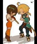  1boy 1girl aqua_eyes aqua_vest ascot bangs belt blonde_hair blue_pants bodysuit boots brown_hair choker closed_eyes final_fantasy final_fantasy_ix full_body garnet_til_alexandros_xvii gloves head_down holding holding_own_arm holding_staff low_ponytail monkey_tail neck_ribbon orange_bodysuit pants parted_bangs puffy_sleeves ribbon sankaku73 shirt short_hair staff tail thigh_strap white_background white_shirt wrist_cuffs zidane_tribal 