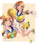  1girl :d absurdres ascot blue_eyes bow breasts cheerleader closed_mouth green_ascot hair_bow highres kousaka_honoka looking_at_viewer love_live! love_live!_school_idol_project medium_breasts multiple_views nakano_maru orange_background orange_hair pom_pom_(cheerleading) shoes short_hair side_ponytail skirt smile solo twitter_username two-tone_background white_background wrist_cuffs yellow_bow yellow_footwear yellow_skirt 