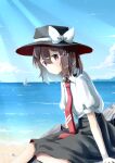  1girl absurdres beach black_headwear black_skirt blurry boat bow brown_eyes brown_hair cloud collared_shirt commentary depth_of_field dot_mouth fedora hair_between_eyes hat hat_bow highres light_rays looking_at_viewer necktie ocean puffy_short_sleeves puffy_sleeves red_necktie sailboat shirt short_hair short_sleeves sitting skirt solo t-hou touhou usami_renko watercraft white_bow white_shirt 