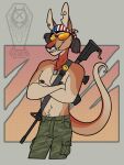  abs anthro assault_rifle bandanna bottomwear brown_hair cadaverrdog camo camo_bottomwear camo_clothing camo_pants camo_print clothing dog_tags eyewear fangs fur gun hair hi_res jaber_(cadaverrdog) kangaroo kerchief macropod male mammal marsupial muscle_tone muscular muscular_anthro muscular_male notched_ear orange_body orange_fur pants pattern_bottomwear pattern_clothing pattern_pants pecs ranged_weapon red_body red_fur red_kangaroo rifle shirtless shirtless_anthro shirtless_male simple_background smile smirk smug smug_face smug_grin solo stars_and_stripes sunglasses tan_body tan_fur united_states_of_america weapon 