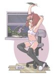  1girl arm_above_head arm_behind_head black_legwear blush bookmark bow bow_panties bra breasts brown_hair cardcaptor_sakura chair dragon glasses hair_bow highres horns jarv looking_at_viewer loose_thighhigh navel office_chair open_mouth panties pink_bow quill short_hair single_slipper slippers small_breasts solo stretch thighhighs thighs tree underwear white_panties window wooden_floor yanagisawa_naoko 