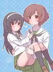  2girls akiyama_yukari artist_name bangs black_hair black_legwear black_neckerchief blouse blue_background blush brown_eyes brown_footwear brown_hair carrying closed_mouth commentary eyebrows_visible_through_hair girls_und_panzer green_skirt hairband itsumip loafers long_hair long_sleeves looking_at_another looking_to_the_side messy_hair miniskirt multiple_girls neckerchief ooarai_school_uniform outline parted_lips pleated_skirt princess_carry reizei_mako sailor_collar school_uniform serafuku shirt shoes short_hair signature skirt smile snort socks standing sweatdrop white_hairband white_outline white_sailor_collar white_shirt 