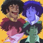  cigarette closed_eyes cowboy_bebop derivative_work eyebrows highres kelsz0ne open_mouth screencap_redraw simple_background spike_spiegel spiked_hair teeth tongue tongue_out variations yellow_background 