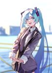  1girl :d bangs black_necktie black_skirt blue_eyes blue_hair city collared_shirt commentary_request grey_jacket hatsune_miku highres jacket jiuyesang long_hair long_sleeves looking_at_viewer necktie ocean railing shirt sidelocks skirt smile solo stretch twintails very_long_hair vocaloid 