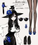  1girl :d black_eyes black_gloves black_headwear black_skirt blue_flower blue_footwear blue_pupils breasts brown_legwear collared_shirt earrings eyewear_removed flower gloves gloves_removed hand_on_hip hat hat_flower high-waist_skirt high_heels highres jewelry large_breasts long_legs looking_at_viewer mole mole_under_mouth narue open_mouth original pale_skin pantyhose shirt shoes skirt smile solo sunglasses watch white_shirt wing_collar wristwatch 