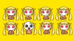  aimaina blonde_hair bracelet brown_dress chibi commentary_request cosmospice_(vocaloid) doushite-chan dress hair_ornament highres jewelry long_hair official_art pinocchio-p red_eyes simple_background slit_pupils twintails vocaloid yellow_background yellow_theme 