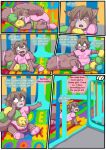  2021 anthro biped clothing comic detailed_background dialogue diaper english_text female fur gem_(babystar) hair hi_res onesie plushie sitting solo speech_bubble text toddlergirl 