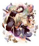  2girls arm_behind_back baggy_pants bangs belt black_hair black_pants black_shirt breasts bug butterfly butterfly_hair_ornament fighting_stance full_body hair_ornament high_collar highres kimetsu_no_yaiba kochou_shinobu leg_up lower_teeth medium_breasts mikuroron multicolored_hair multiple_girls open_mouth pants parted_bangs parted_lips purple_eyes purple_hair sandals shirt sidelocks smile sword teeth two-tone_hair uniform weapon wide_sleeves 