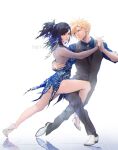  1boy 1girl ass black_hair blonde_hair blue_eyes cloud_strife couple dancing dress earrings final_fantasy final_fantasy_vii final_fantasy_vii_remake formal full_body hand_on_another&#039;s_back high_heels highres holding_hands jewelry legs long_hair looking_at_another necktie red_eyes reflective_floor shoes short_dress spiked_hair spykeee suit tifa_lockhart twitter_username 