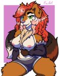  2022 anthro bailey_(disambiguation) big_breasts bottomwear bra bra_down bra_pull breasts canid canine canis chest_tuft clothed clothing clothing_pull curvaceous curvy_figure digital_media_(artwork) domestic_dog fan_character female fluffy haibet hair mammal nipples partially_clothed raised_tail simple_background smile solo tuft underwear underwear_pull voluptuous 