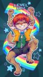  anthro arms_above_head blush bottomwear brown_body brown_fur canid cheering claws clothing fingers fluffy fluffy_tail front_view fur gameplay_mechanics hair hi_res jacket jumping level_up male mammal narrowed_eyes paws rainbow_symbol raised_arms red_hair short_jacket shorts smile solo solo_focus star teeth topwear video_games yuxare zipper 