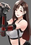  bangs bare_shoulders brown_hair butcha-u commentary_request crop_top earrings elbow_gloves final_fantasy final_fantasy_vii fingerless_gloves gloves grey_background happy highres jewelry long_hair looking_at_viewer midriff open_mouth red_eyes signature simple_background smile tactical_clothes tank_top teeth tifa_lockhart white_tank_top 
