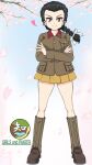  1girl black_hair boots braid braided_ponytail brown_footwear brown_jacket cherry_blossoms chi-hatan_(emblem) chi-hatan_military_uniform closed_mouth commentary copyright_name crossed_arms day emblem enoya-eno full_body girls_und_panzer hair_pulled_back hair_ribbon highres jacket knee_boots long_hair long_sleeves looking_at_viewer military military_uniform miniskirt outdoors petals pleated_skirt purple_eyes ribbon single_braid skirt smile solo tamada_tamaki tree uniform white_ribbon wind yellow_skirt zipper 