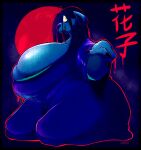  abstract_background anthro big_breasts biped black_hair blue_body blue_fur blue_theme breasts clothed clothing cute_fangs female fur hair hair_over_eye hi_res huge_breasts japanese_text kneeling long_nails looking_at_viewer obese obese_anthro obese_female one_eye_obstructed overweight overweight_anthro overweight_female red_eyes seldom solo text translated yurei_(seldom) 