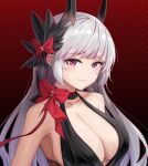  1girl azur_lane bangs bare_shoulders black_choker black_dress bow breasts choker cleavage closed_mouth collarbone dress eyebrows_visible_through_hair hair_bow hair_ornament highres kafeifeifeifeifeifei_jiemo_jun large_breasts lips long_hair looking_at_viewer official_alternate_costume purple_eyes red_background red_bow smile solo upper_body white_hair yorck_(azur_lane) yorck_(breaker_under_the_blood_moon)_(azur_lane) 