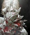  1boy black_background blonde_hair blood blood_on_clothes blood_on_face bug chain dated eyelashes film_grain fingernails flower hand_on_own_face hato_(dovecot) jewelry looking_at_viewer moth multiple_rings original pale_skin pointy_ears portrait red_eyes ring rose shirt short_hair solo 