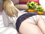  1girl ass black_skirt blonde_hair blurry blurry_background breasts cardigan depth_of_field facing_away from_behind indoors large_breasts long_hair miniskirt mizushina_minato original panties plaid plaid_skirt plant pleated_skirt potted_plant school_uniform skirt solo thighs underwear upskirt white_cardigan white_panties 