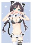  1girl :d absurdres animal_ear_fluff animal_ears asymmetrical_legwear bangs bikini black_bikini black_hair black_legwear blue_background blue_eyes breasts cat_ears cat_girl cat_tail cleavage commentary_request dated eyebrows_visible_through_hair hands_up highleg highleg_bikini highres long_hair looking_at_viewer maid_headdress medium_breasts mishima_ryo mismatched_legwear navel original outline parted_bangs smile solo swimsuit tail thighhighs twintails two-tone_background very_long_hair white_background white_legwear white_outline 