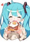  1girl ahoge alternate_costume aqua_hair bacon bangs bread closed_eyes eating egg eyebrows_visible_through_hair facing_viewer food fuusen_neko hatsune_miku heart highres holding holding_food long_hair long_sleeves open_mouth pajamas simple_background solo twintails upper_body vocaloid white_background 