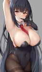  1girl arm_behind_head arm_up armpits bangs between_breasts black_gloves black_hair black_leotard blunt_bangs blush breasts cleavage covered_navel cowboy_shot detached_collar eyebrows_visible_through_hair gloves grey_background highres large_breasts leotard long_hair looking_at_viewer mizushina_minato necktie necktie_between_breasts original pantyhose parted_lips playboy_bunny red_eyes red_necktie simple_background smile solo strapless strapless_leotard thighband_pantyhose very_long_hair 