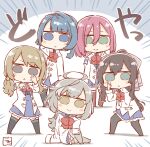  5girls :&gt; ahoge aizawa_kazuha aqua_eyes arm_across_waist arm_at_side arm_behind_head arm_on_knee artist_name assault_lily bangs black_legwear blue_background blue_eyes blue_hair blue_skirt blush bow bowtie brown_hair buttons chibi commentary_request emphasis_lines eyebrows_visible_through_hair fujii_ayaka green_eyes grey_eyes grey_hair grey_legwear hair_between_eyes hair_bow hair_ornament hand_on_own_face hand_up hands_up hatsukano_you herensuge_girls_academy_school_uniform high-waist_skirt iijima_renka ishitobi_erika jacket knee_up light_brown_hair long_hair long_sleeves looking_at_viewer low_ponytail mimura_haruka miniskirt multicolored_hair multiple_girls natsume_aimi no_pupils nonaka_mio open_clothes open_jacket outstretched_arm oversized_clothes pantyhose parted_lips photo-referenced pink_hair ponytail pose red_bow red_bowtie red_legwear sasaki_ran school_uniform serizawa_chikaru short_hair side_ponytail sidelocks sitting skirt sleeves_past_fingers sleeves_past_wrists smile standing star_(symbol) star_hair_ornament streaked_hair tanin050 thighhighs translated triangle_mouth two-tone_background voice_actor_connection white_background white_jacket yellow_eyes zettai_ryouiki 