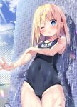  1girl ass_visible_through_thighs blonde_hair blue_eyes blue_swimsuit blush breasts cameltoe cloud covered_navel groin one-piece_swimsuit one_eye_closed original outdoors outstretched_arm pan_(mimi) school_swimsuit short_hair showering sky small_breasts solo swimsuit thigh_gap thighs tight tile_wall tiles wet wet_clothes wet_swimsuit 