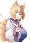  1girl animal_ear_fluff animal_ears bangs blonde_hair breasts deetamu eyebrows_visible_through_hair fox_ears fox_shadow_puppet fox_tail highres huge_breasts kitsune long_sleeves looking_at_viewer multiple_tails open_mouth short_hair simple_background solo tail touhou upper_body white_background white_headwear wide_sleeves yakumo_ran yellow_eyes 