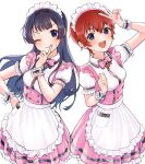  2girls alternate_costume apron bangs black_hair blue_eyes blush bow bowtie buttons clenched_hand commentary_request dot_nose dress enmaided eyebrows_visible_through_hair finger_in_own_mouth frilled_dress frilled_sleeves frills hand_on_hip hand_up highres idolmaster idolmaster_million_live! idolmaster_million_live!_theater_days index_finger_raised julia_(idolmaster) long_hair looking_at_viewer maid maid_apron maid_headdress mogami_shizuka multiple_girls one_eye_closed open_mouth pink_bow pink_bowtie pink_dress pomikoroonigiri puffy_short_sleeves puffy_sleeves red_hair shirt short_hair short_sleeves smile sweat teeth upper_teeth v waist_apron white_background white_shirt wing_collar wrist_cuffs 