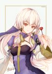  1girl atoatto bangs breasts candy closed_mouth dress eyebrows_visible_through_hair fire_emblem fire_emblem:_three_houses food hair_ornament holding jewelry lollipop long_hair long_sleeves looking_at_viewer lysithea_von_ordelia pink_eyes purple_dress simple_background small_breasts smile solo sweets upper_body white_hair 