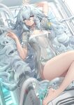  1girl absurdres arm_up bangs bare_legs bare_shoulders barefoot blue_eyes breasts dress feet feet_out_of_frame girls&#039;_frontline girls&#039;_frontline_neural_cloud grey_hair hair_between_eyes high_heels highres large_breasts long_hair looking_at_viewer machinery messy_hair official_art pa-15_(girls&#039;_frontline) parted_lips pipe see-through shanyao_jiang_tororo slingshot_swimsuit solo swimsuit swimsuit_under_clothes thighs very_long_hair white_background white_dress white_footwear 