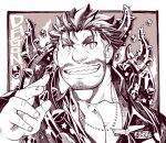  1boy artist_name bara beard bombom border brown_background character_name commentary_request dagon_(housamo) facial_hair fish_boy grin hand_up jewelry large_pectorals long_sideburns looking_at_viewer male_focus mature_male monochrome muscular muscular_male mustache necklace outside_border pectorals sharp_teeth sideburns signature smile solo stubble teeth tentacles thick_eyebrows tokyo_afterschool_summoners upper_body white_border 