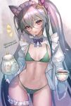  1girl :d ^^^ animal_ear_fluff animal_ears artist_name bangs bikini blush bow bowtie breasts cat_ears cellphone cleavage cowboy_shot cup eyebrows_visible_through_hair fish_hair_ornament frills glasses green_bikini grey-framed_eyewear grey_hair hair_ornament head_tilt highres hitowa holding holding_cup leg_garter long_hair long_sleeves looking_at_viewer maid maid_headdress open_mouth original phone purple_bow purple_bowtie purple_eyes round_eyewear shrug_(clothing) smartphone smile solo swimsuit tea teacup teapot twintails twitter_username very_long_hair 