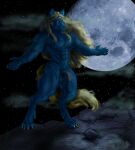  2002 balls blonde_hair blue_body blue_fur canid canine canis casual_nudity claws digitigrade full_moon fur genitals hair male mammal moon muscular night nude outstretched_arm saggy_balls solo sudonym wolf yellow_eyes yellow_tail 