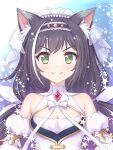  1girl animal_ear_fluff animal_ears bangs bare_shoulders black_hair blush bodice bow breasts brooch cat_ears cat_girl cleavage closed_mouth commentary_request detached_sleeves dot_nose dress green_eyes hair_bow headdress jewelry karyl_(princess_connect!) long_hair long_sleeves looking_at_viewer multicolored_hair pearl_hair_ornament princess_connect! puffy_sleeves s1a1nokoka sidelocks smile solo starry_background streaked_hair twintails upper_body v-shaped_eyebrows white_bow white_dress white_hair white_veil 