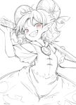  1girl blush breasts cowboy_shot dress earrings grin harusame_(unmei_no_ikasumi) horizontal_pupils horns jewelry looking_at_viewer monochrome open_mouth pink_eyes pointy_ears sharp_teeth short_hair short_sleeves sketch small_breasts smile solo spot_color teeth touhou toutetsu_yuuma v-shaped_eyebrows 