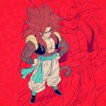  1boy bare_pectorals biceps body_fur dragon_ball dragon_ball_gt fenyon gogeta hands_on_hips highres metamoran_vest monkey_boy monkey_tail no_nipples obi pants pectorals red_fur saiyan sash spiked_hair super_saiyan super_saiyan_4 tail white_pants 