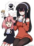 1boy 2girls ? ^_^ ^o^ ahoge anya_(spy_x_family) black_dress black_hair black_legwear blonde_hair blue_eyes blush breasts closed_eyes cup dress english_text family hair_down hairband highres holding holding_cup horn_ornament horns long_hair medium_hair mother_and_daughter mug mug_writing multiple_girls nervous off-shoulder_sweater off_shoulder open_mouth pink_hair poison red_sweater short_hair side-by-side simple_background sitting skull skull_and_crossbones smile spy_x_family steam straight_hair sweatdrop sweater thought_bubble touyarokii twilight_(spy_x_family) twitter_username white_background white_hairband yor_briar 