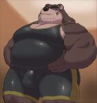  00murice 2022 anthro belly big_belly blush brown_body bulge humanoid_hands kemono male mammal musclegut overweight overweight_male solo ursid wrestling_singlet 