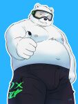  2022 anthro belly big_belly black_nose blue_background bottomwear clothing hi_res humanoid_hands kemono male mammal moobs navel neiiio nipples overweight overweight_male pants polar_bear simple_background solo ursid ursine white_body 