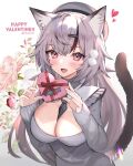  1girl :d absurdres animal_ear_fluff animal_ears artist_name bangs between_breasts black_necktie blush box breasts cat_ears cat_girl cat_tail commentary_request dress english_text eyebrows_visible_through_hair fang flower geart gift grey_dress grey_hair grey_headwear happy_valentine heart heart-shaped_box heart-shaped_pupils highres hitowa holding holding_gift long_sleeves looking_at_viewer multicolored_hair necktie necktie_between_breasts open_mouth original pink_flower pink_rose purple_eyes red_hair red_ribbon ribbon rose simple_background sleeves_past_wrists smile solo streaked_hair symbol-shaped_pupils tail twitter_username two-tone_hair upper_body white_background 