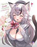  1girl :d absurdres animal_ear_fluff animal_ears artist_name bangs between_breasts black_necktie blush box breasts cat_ears cat_girl cat_tail closed_eyes commentary_request dress english_text eyebrows_visible_through_hair facing_viewer fang flower gift grey_dress grey_hair grey_headwear heart heart-shaped_box highres hitowa holding holding_gift long_sleeves milestone_celebration multicolored_hair necktie necktie_between_breasts open_mouth original pink_flower pink_rose red_hair red_ribbon ribbon rose simple_background sleeves_past_wrists smile solo streaked_hair tail translation_request twitter_username two-tone_hair upper_body white_background 